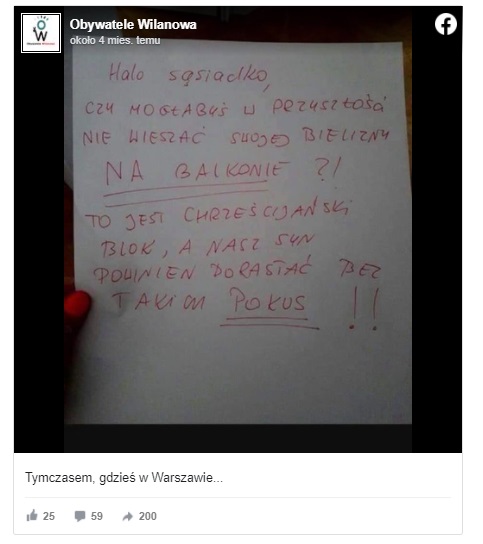 Jedna z lokatorek była tak zniesmaczona tą na pozór zwykłą czynnością, że postanowiła upomnieć sąsiadkę i oburzona napisała list 