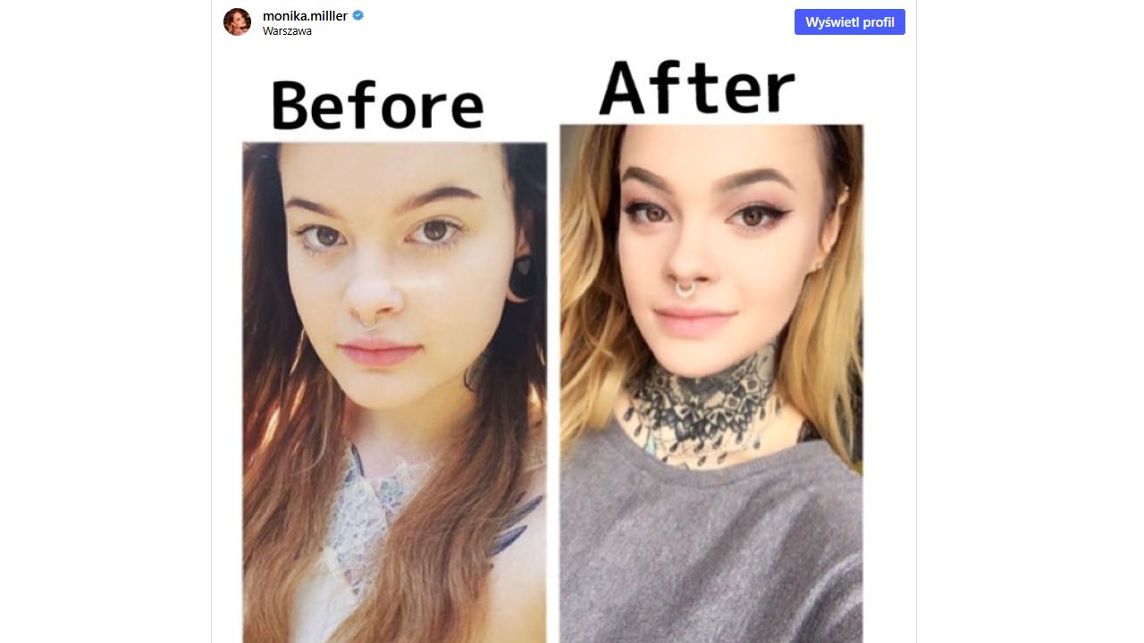 Monika Miller pokazała fotografię sprzed tatuaży, piercingu i mocnego makijażu. Jej dawny wygląd mocno różni się od obecnego. Sama skomentowała przemianę.